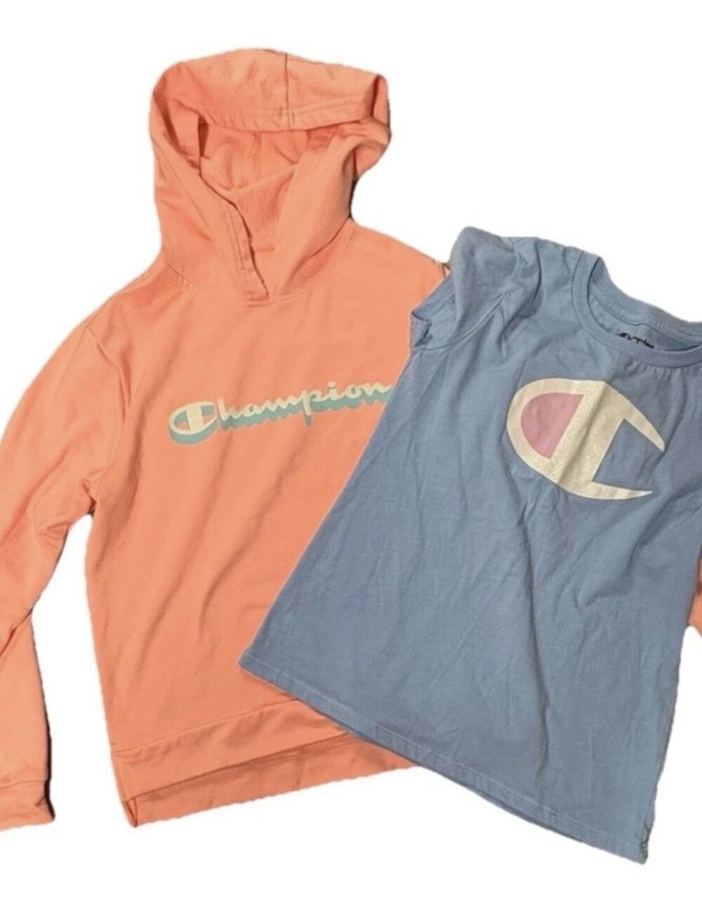 Champion Girls Youth Medium Coral Orange Hoodie & Light Blue T-shirt